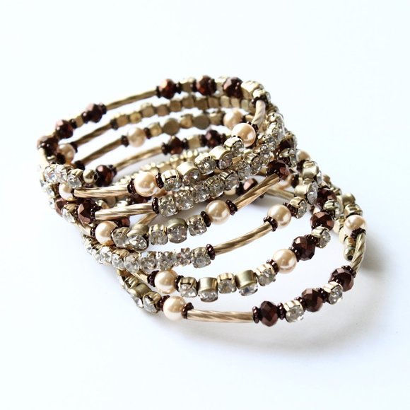 Slinky Bracelet Bangle Wrap Browns Gold Rose Clear Rhinestones Costume Jewelry - Picture 5 of 7